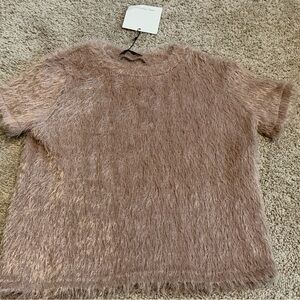 ZARA Trafaluc Mink Fuzzy Knit Sweater Top Short Sleeve Soft Size Small NWT